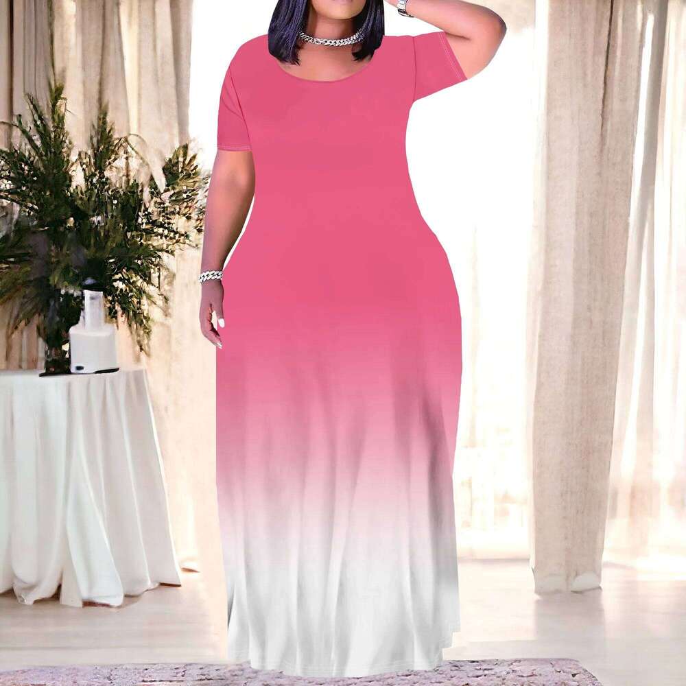Women's Plus Size Gradient Color Maxi Dresses Short Sleeve Sundress Summer T-Shirt Beach Long Dress with Pockets High quality, fashionable, luxur