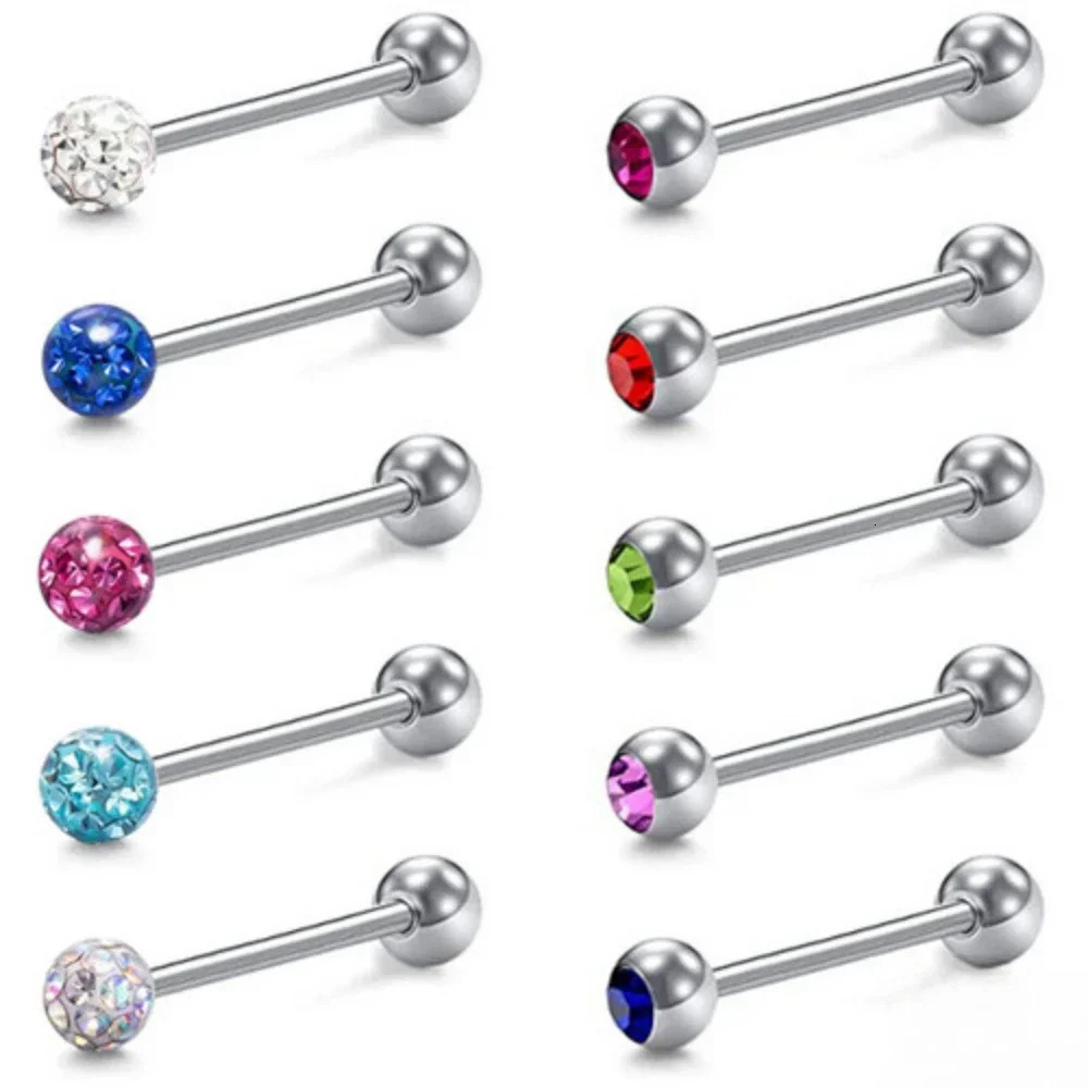 6Pcs Mixed Set 6mm Crystal 14G 1.6mm Steel Tongue Ring 16mm Bar Barbell Nipple Body Piercing Jewelry 250526