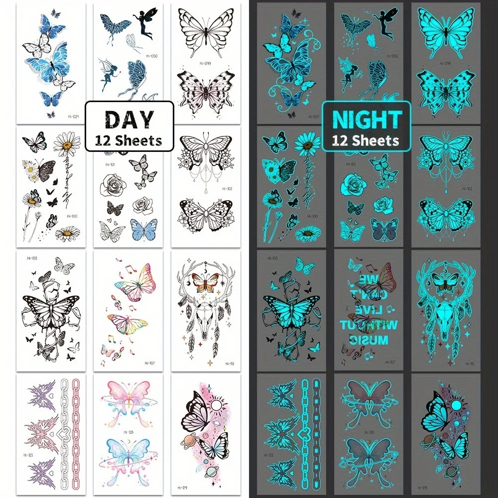 12 Sheets Butterfly Luminous Temporary Tattoo Blue Glow In the Dark Tattoo Sticker For Women Hands Face Tattoo Music Party Decor 250530
