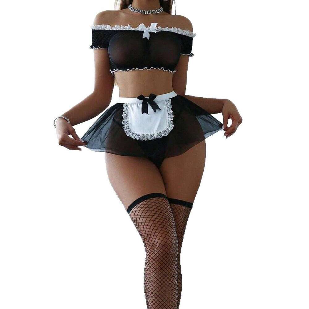 Spell Lingerie Porn Suits Sexy Sheer Lingerie With Bowknot Halter Lace Color Block Bra Set Role Playing Maid Outfit Sexy Lingerie