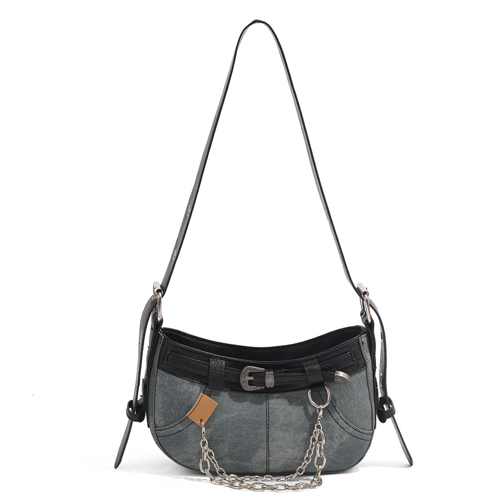 designer New Fashion Color-Block Chain Denim Fabric Bag for Women, Spicy Embroidered Underarm Bag, Single Shoulder Crossbody Bag