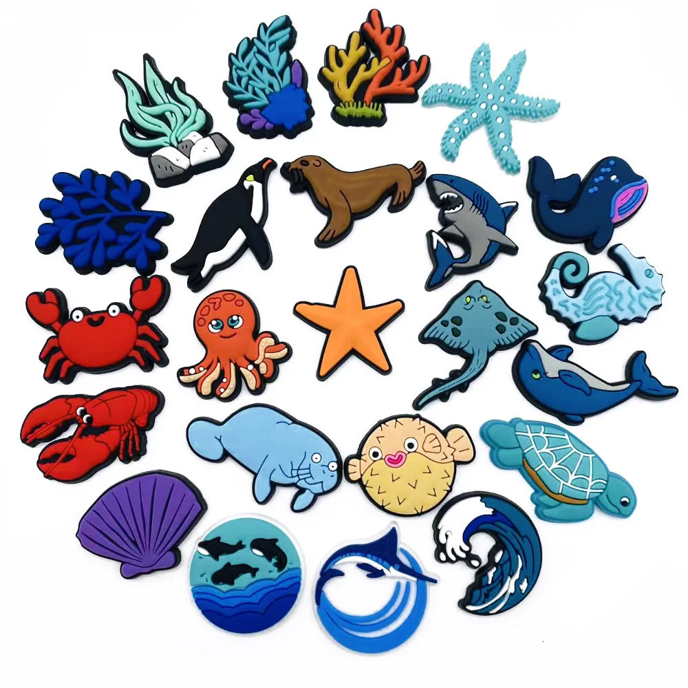 123Pcs Ocean World Shoe Charms for Clogs Sandals Buckle Decoration PVC Accessories With Pins Sea Animal 250528