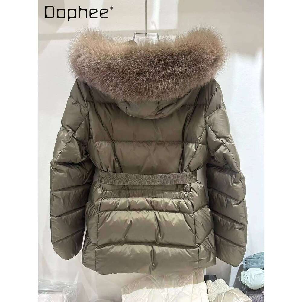Big Fur Collar Hooded Down Jacket Women's Short Winter New European Fashion Temperament Solid Color Belt Slim Fit Thickened Coat High quality, fa