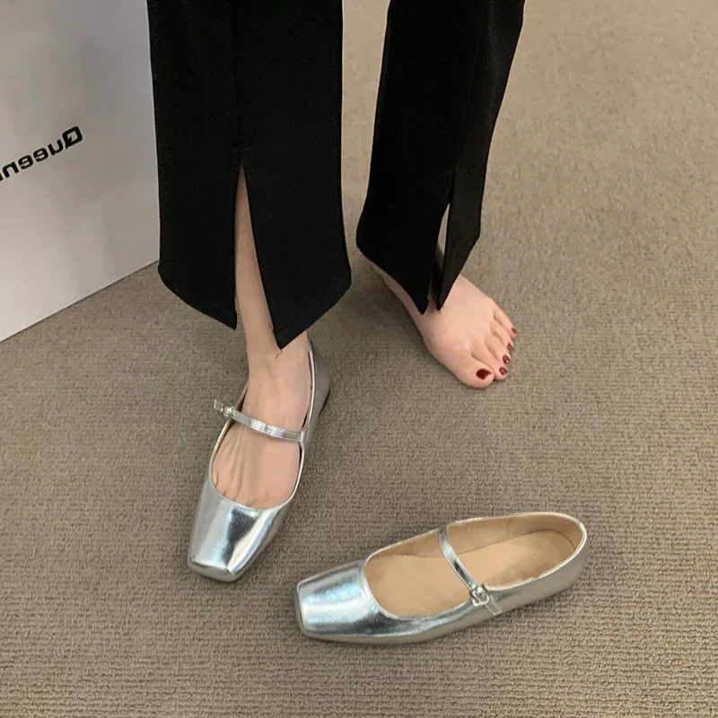 Silvery Women Square Toe Mary Jane Shoes Casual Outdoor Soft Sole Flat Spring Autumn Wedding Party Shoes 250528