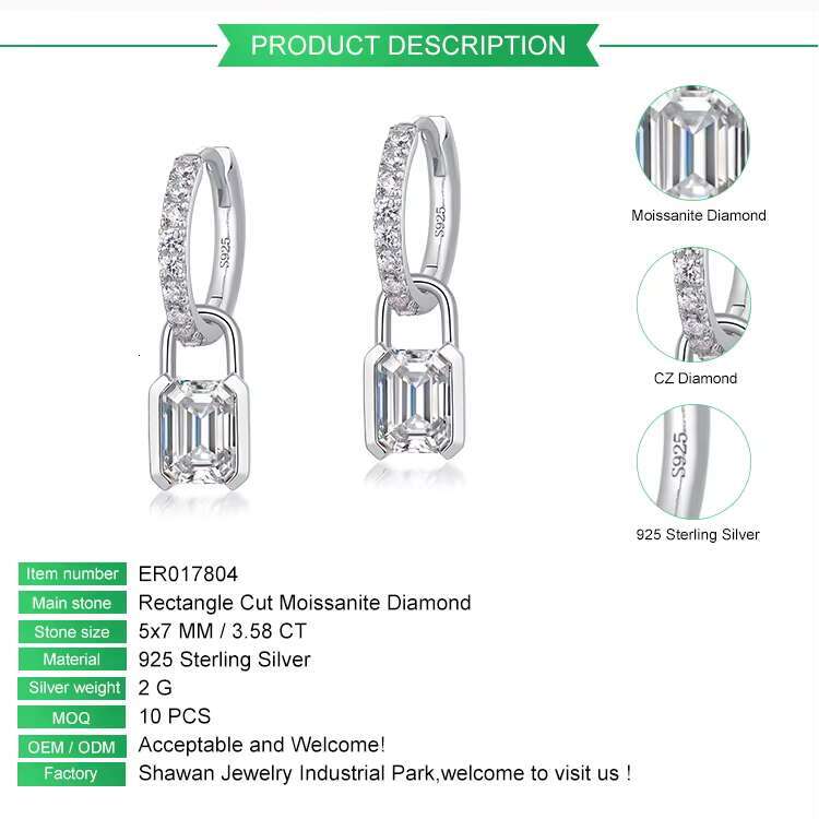 Elegant 925 Sterling Silver Super Flash Rectangle Emerald Cut Moissanite Gemstone White Gold Plated Diamond Earrings for Women
