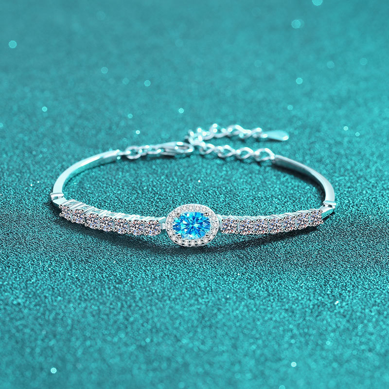Handcrafted 925 Sterling Silver Blue Oval Moissanite Bracelet for Women, Platinum Plated, Adjustable Cuff Design, Elegant & Minimalist Gift