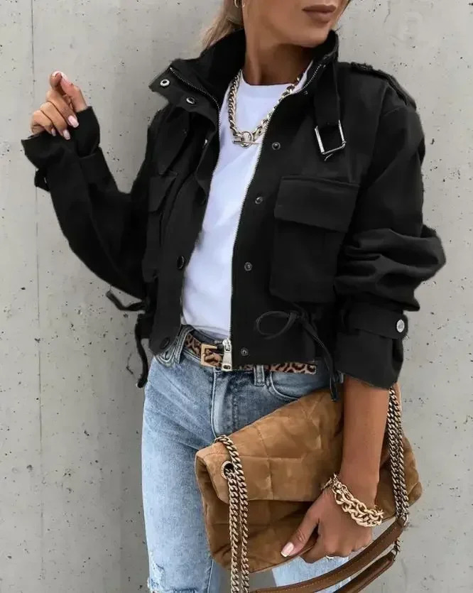 Woman Jacket Clothing Streetwear Elegant Slim Round Neck Solid Pocket Button Long Sleeve Workwear Coats Autumn 250527