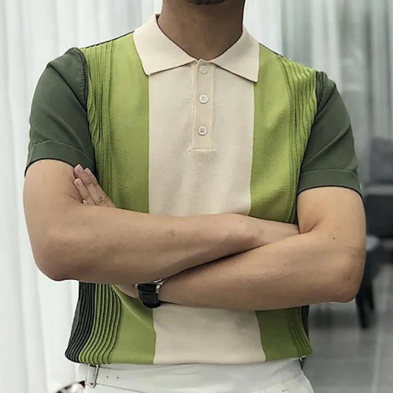 Summer Mens Clothing Knit Short Sleeve Polo Shirt Retro Button-down Patchwork Fashion Business Leisure Knitwear 250530