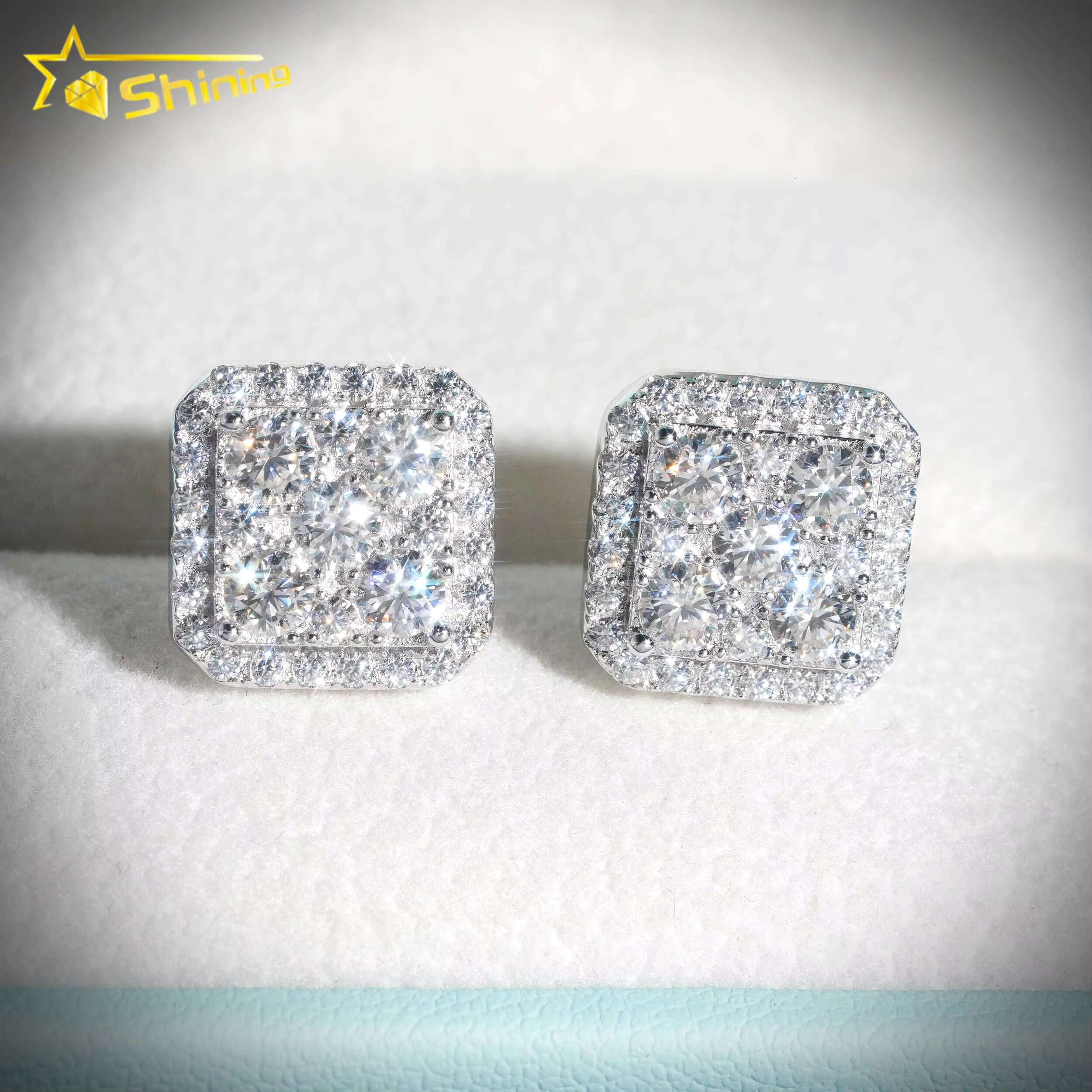 Luxury Hip Hop Jewelry Iced Out 10k Solid Gold Screw Back Lab Grown Diamond Moissanite Square Earrings