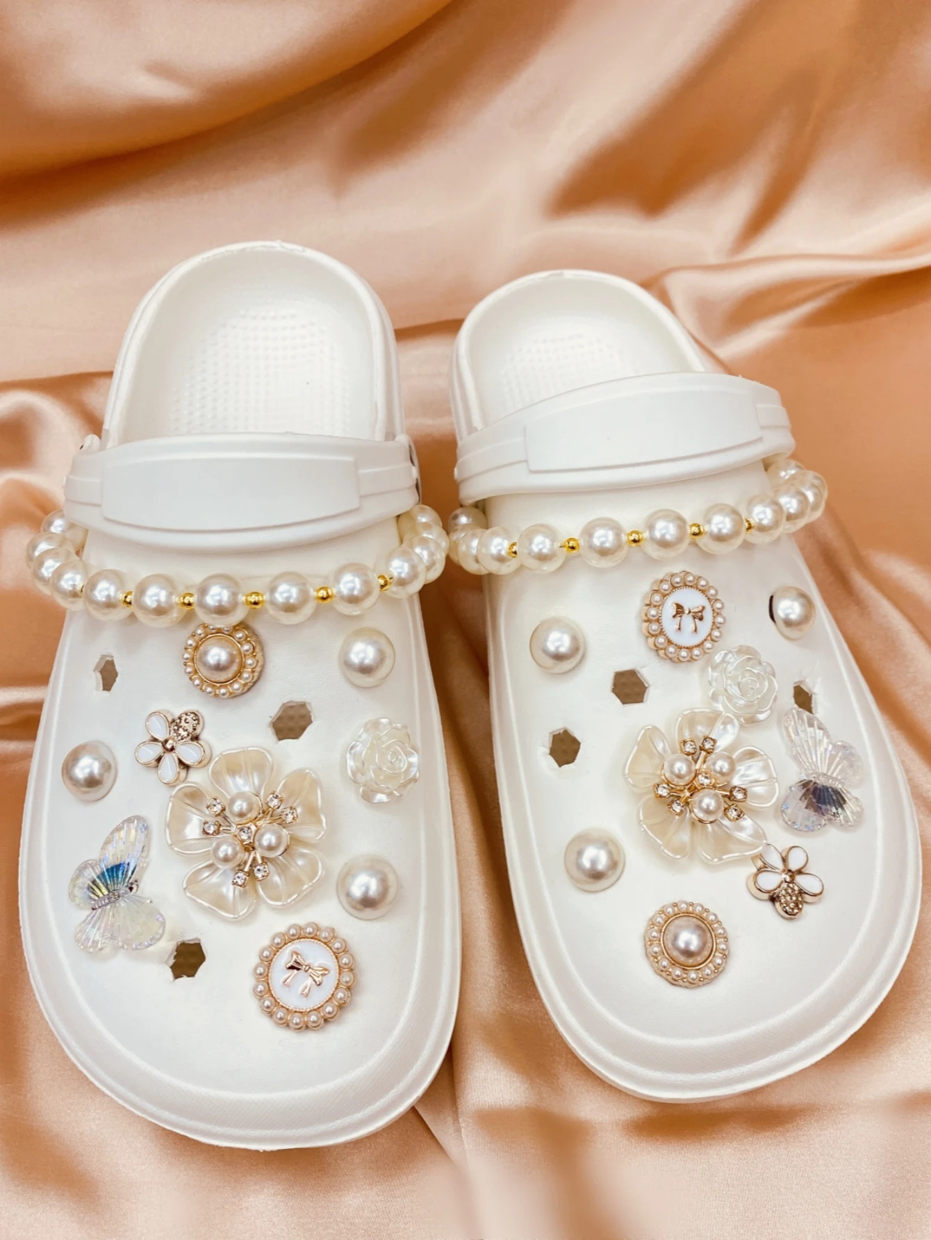 20pcs Removable Vintage Diy Faux Pearl Flower Garden Shoe Buckle Chain Decoration For Holey Shoes 250528