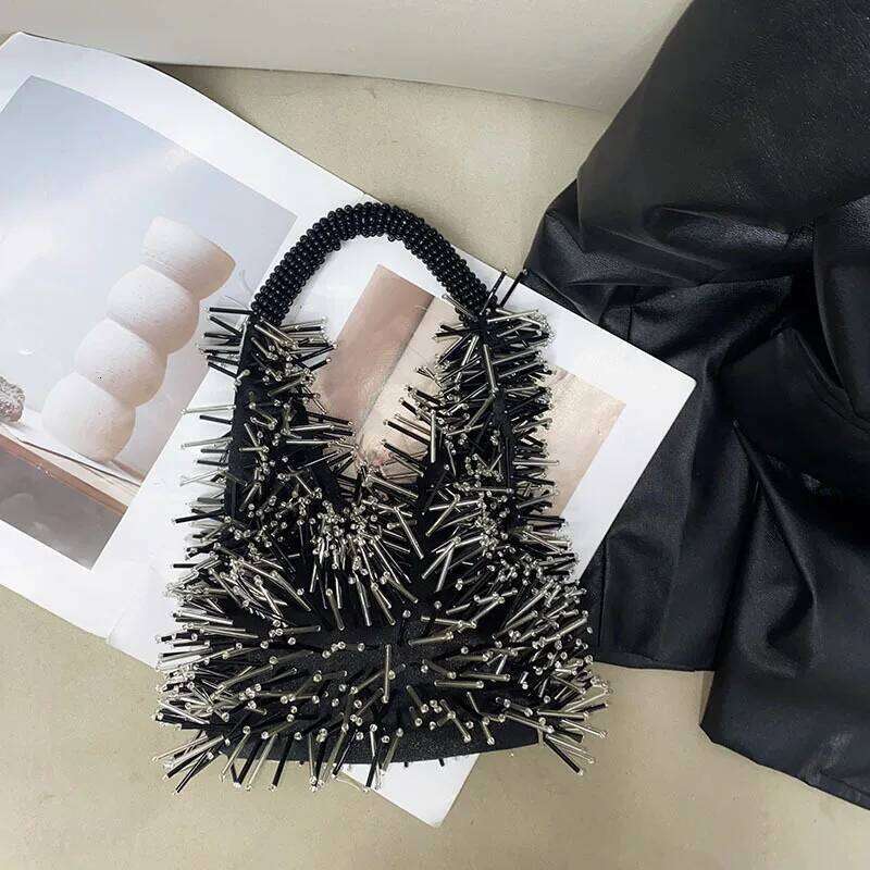 Women Tassel Handmade Bead Dia Hobo Shoulder Shiny Clutch Purse Handbag Fashion Female Underarm Bag