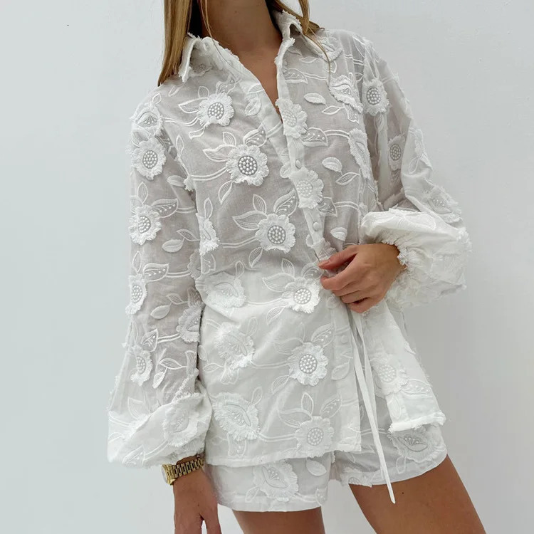Boho Beach Sheer Blouses Shirts High Waisted Shorts For Womens Two Peice Sets White Cotton Floral Embroidered Outfit Summer Suit 250527