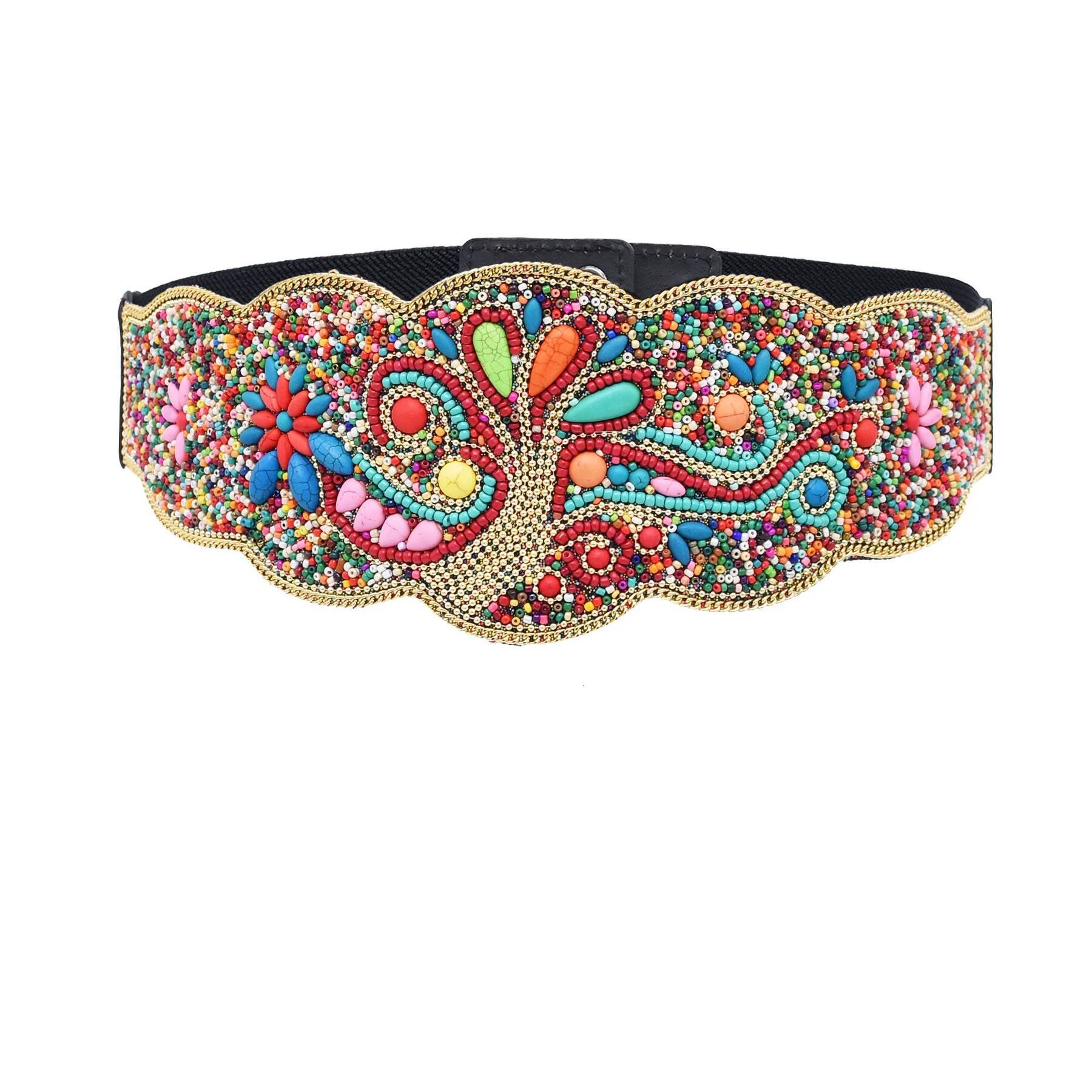 Bohemian Beads Flower Tree Ethnic Statement Wide Elastic Body Chain Belt for Girls Women Dress