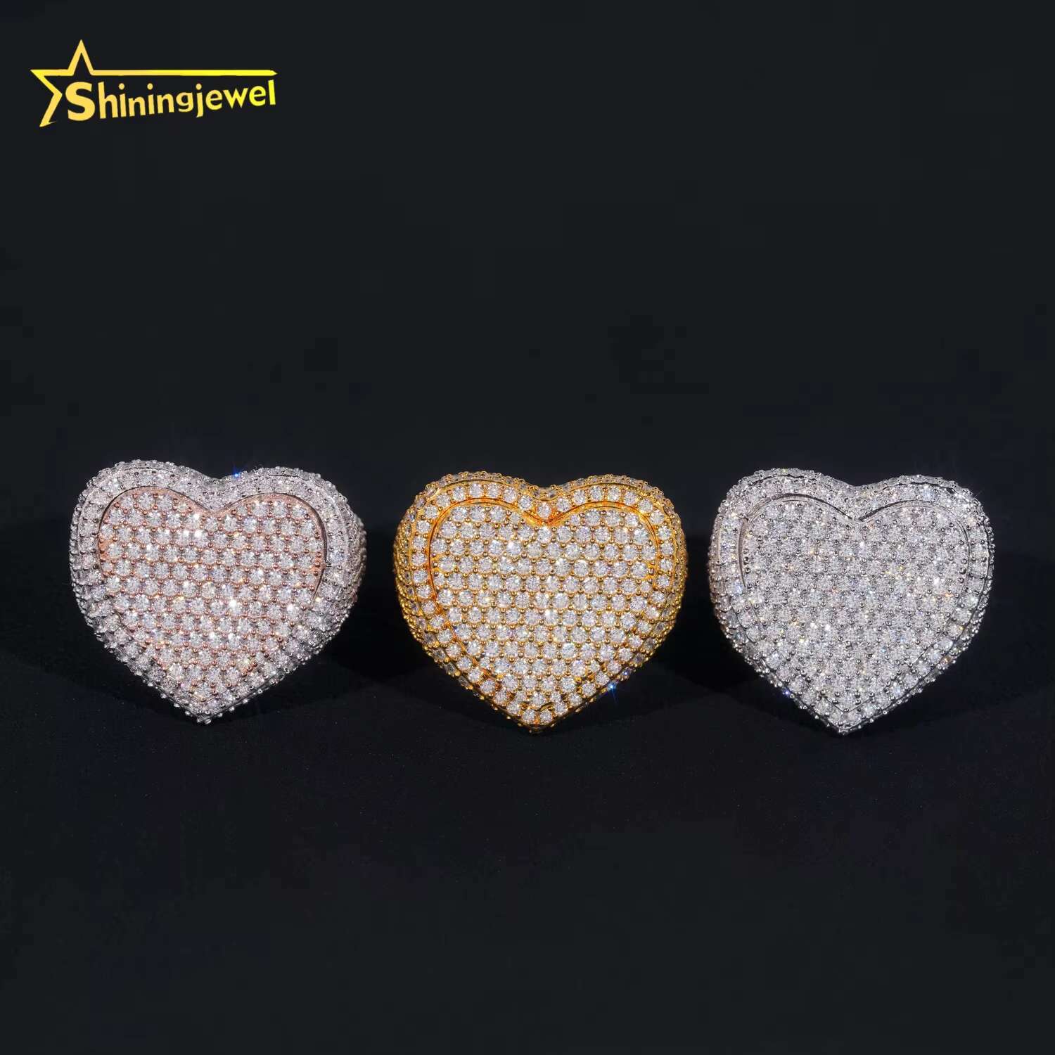 Fine Jewelry Gold Plated 925 Sterling Silver Fashion Hip Hop Men Rings Heart Shape Iced Out Ring Moissanite