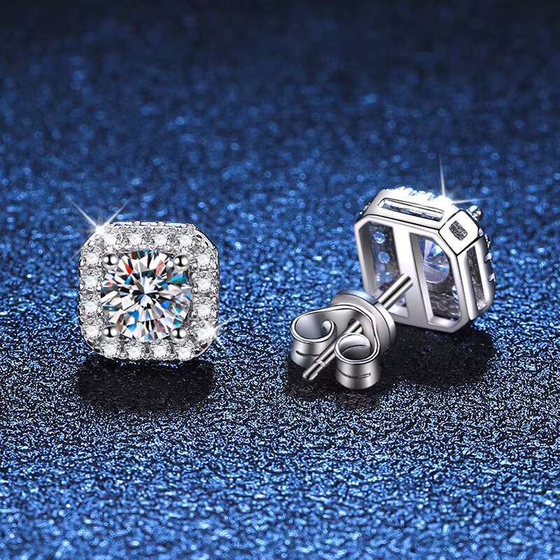 Wholesale square Shape Iced Out Grade D Moissanite Earrings 925 Sterling Silver 0.5ct 1ct Moissanite Stud Earrings for Women