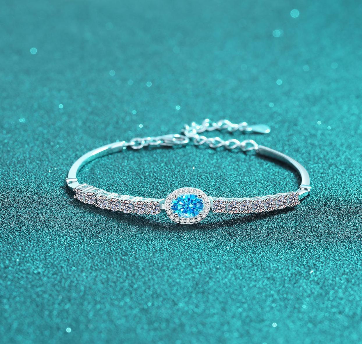 Handcrafted 925 Sterling Silver Blue Oval Moissanite Bracelet for Women, Platinum Plated, Adjustable Cuff Design, Elegant & Minimalist Gift