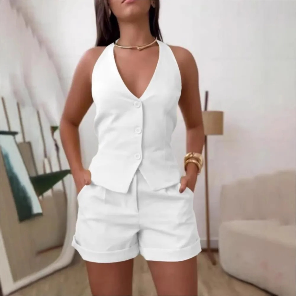 Two Piece Set Sleeveless Backless Blazer Shorts For Womens Summer Fashion V Neck Button Slimming Female Office Shorts Set 250527