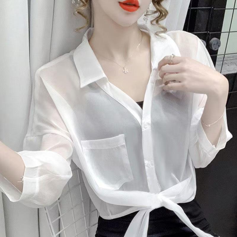 K895 Large size women's chiffon shirt with cardigan 2024 summer new bow sun protection clothing air conditioning shirt with skirt small shawl