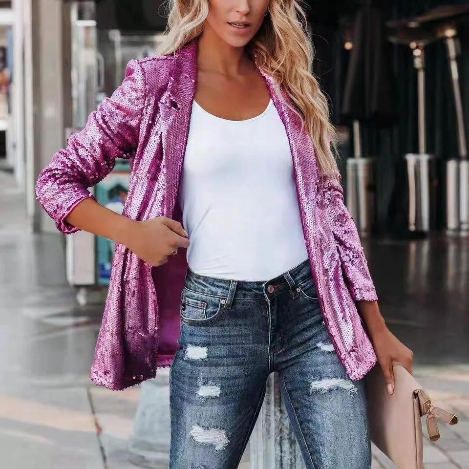 Womens Jacket Sequined Outerwears Casual Long Sleeve Blazers Solid Color Harajuku Coats Dance Female Clothing Spring Summer 250530