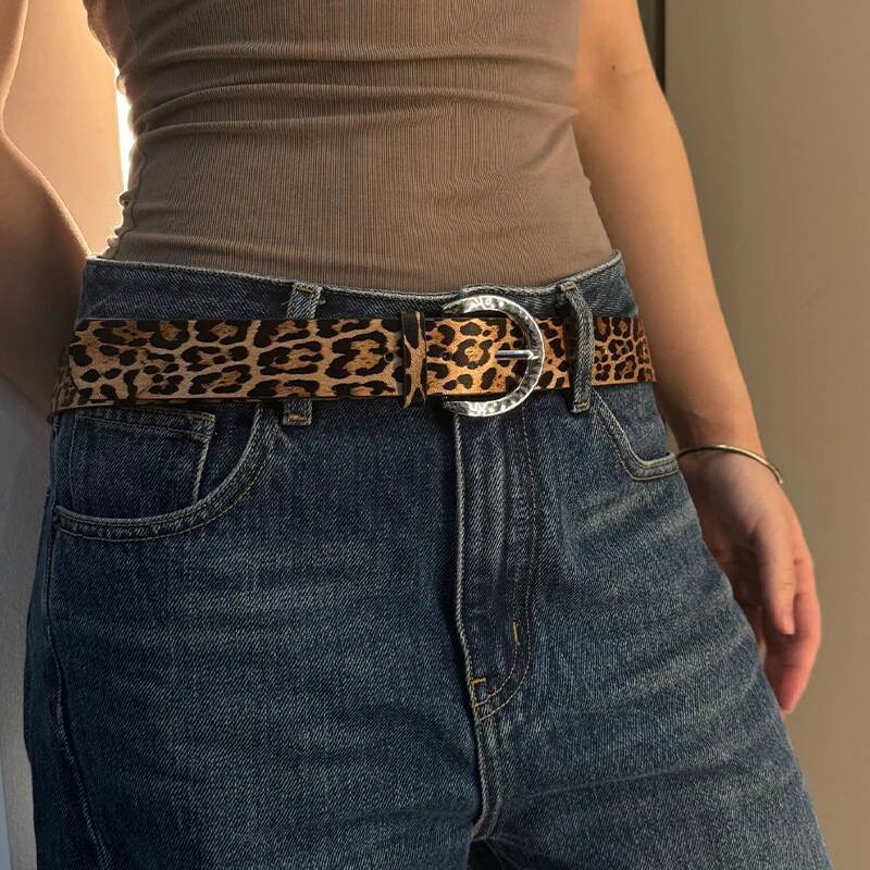 Leopard Print Pu Women'S Belt Hip Hop Y2k Girls Jeans Accessories Girdle Goth Retro Leather Gold Pin Buckle Waistband