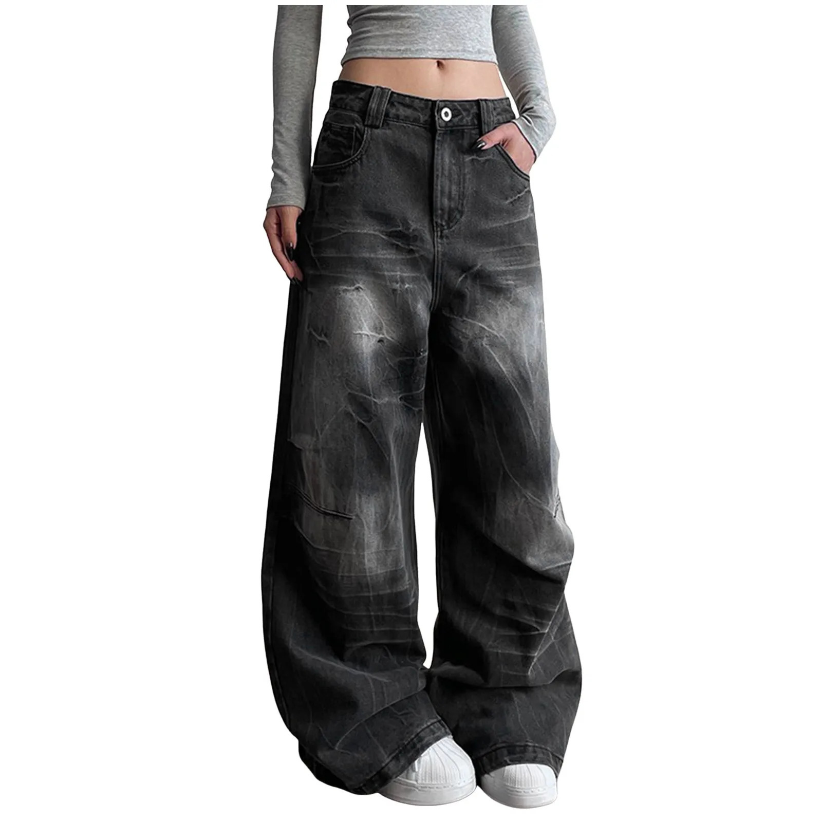 Women Vintage Straight Wide Leg Jeans Retro Wash Black Loose Street Pants With Pockets Jean Pants For Women Harajuku Streetwear 250527