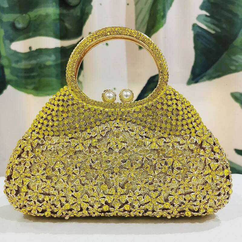Designer Yellow Rhinestone Dia Evening Clutch Bag Gold Metal Handbags Crystal Long Chain Minaudiere Top-Handle Bags