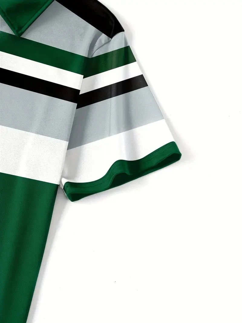 Mens Casual Stripesd 3D Printed Golf Shirt Short-Sleeved Button Collar Knitwear Regular Version Polyester Fiber Polo Shirt S 250530