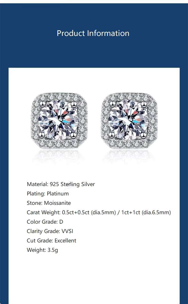 Wholesale square Shape Iced Out Grade D Moissanite Earrings 925 Sterling Silver 0.5ct 1ct Moissanite Stud Earrings for Women