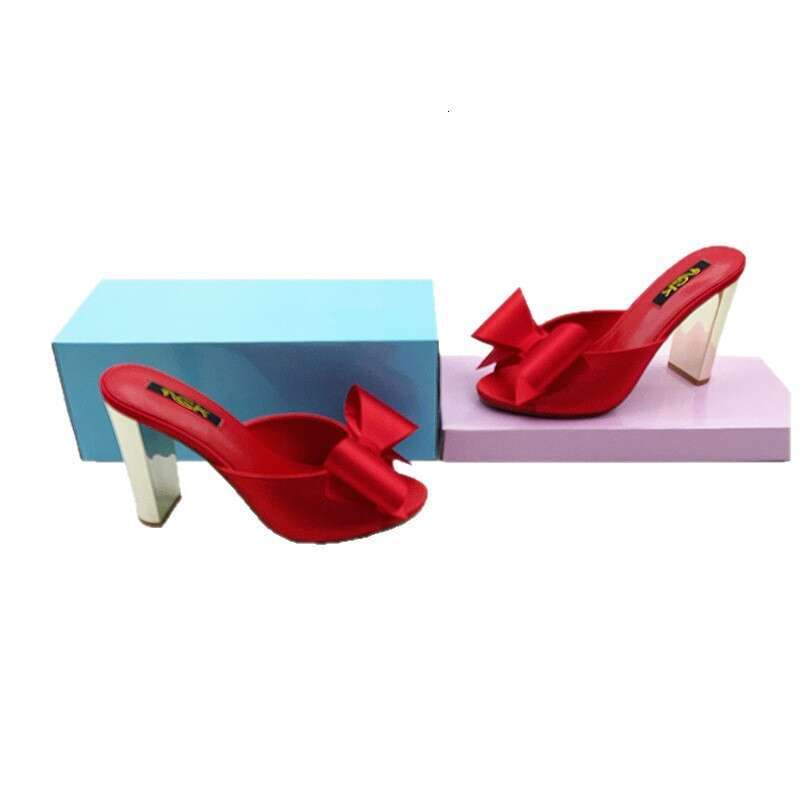 Fashion Shoes 2025 Spring New Open-Toe Bowknot Chunky High Heel Slippers High-End Feel Age-Reducing