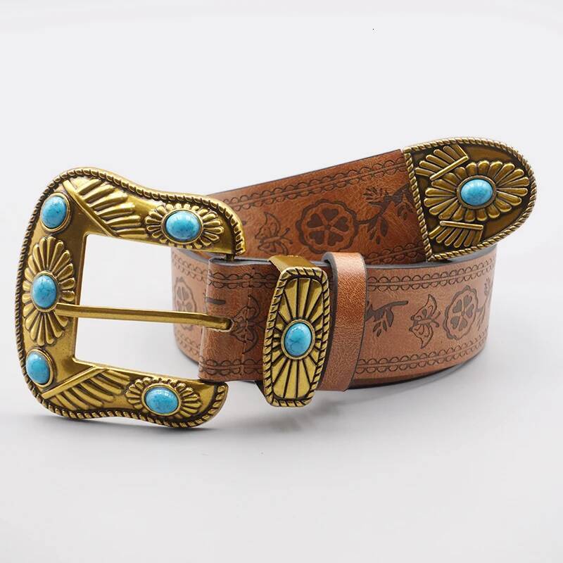 Royal Style Retro Emed Sapphire Inlaid Buckle Elegant Women's Belt Jeans Dress Fashionable Decoration