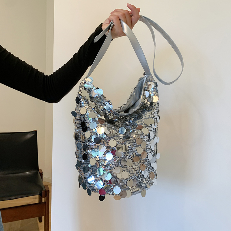 Top Brand High Quality New Style Trendy Design Sequin Bucket Bag Large Capacity New Silver Handbag Shoulder Crossbody Women's Bag New Free Delive