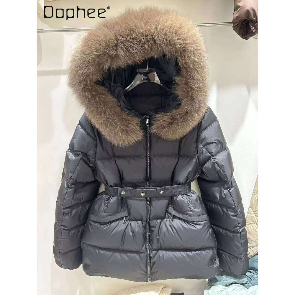 Big Fur Collar Hooded Down Jacket Women's Short Winter New European Fashion Temperament Solid Color Belt Slim Fit Thickened Coat High quality, fa