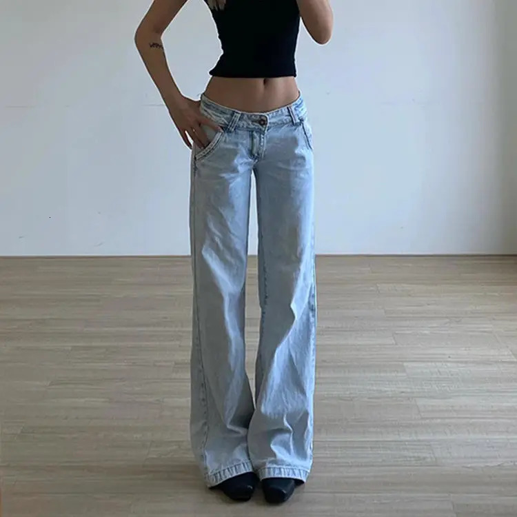 Light Blue Low Waist Jeans Woman Streetwear American Vintage Denim Pants Female Casual Washed Straight Pantalons Mujer 250527