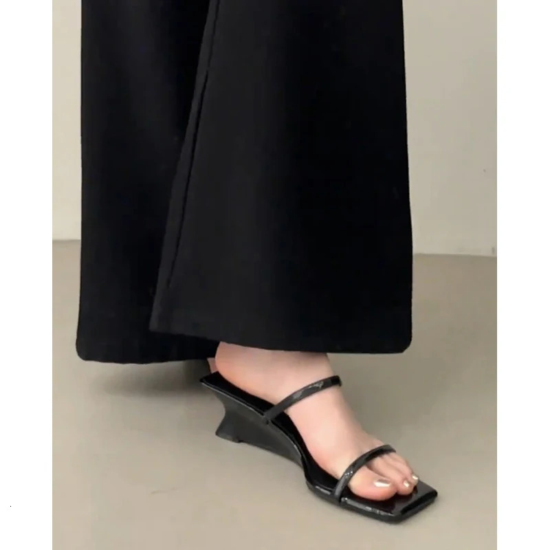 Summer Wedges Heel Women Slippers Fashion Square Toe Narrow Band Shoes Casual Party Dress Slides 250528