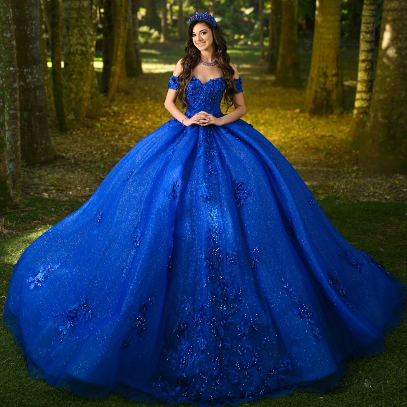 Royal Blue Shiny Princess Quinceanera Dresses Off Shoulder Appliqued Lace Beads Tull Sweet 16 Dress Ball Gown Vestidos 15 De Anos
