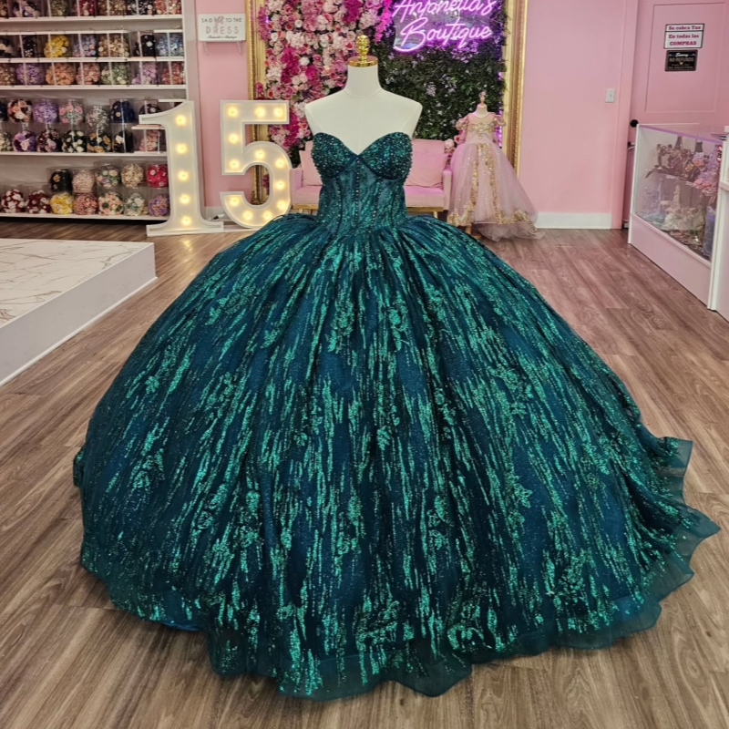 Blackish Green Quinceanera Dresses Ball Gown Off The Shoulder Applique Lace Beading Tull Party Birthday Sweet 16 Dress Vestidos