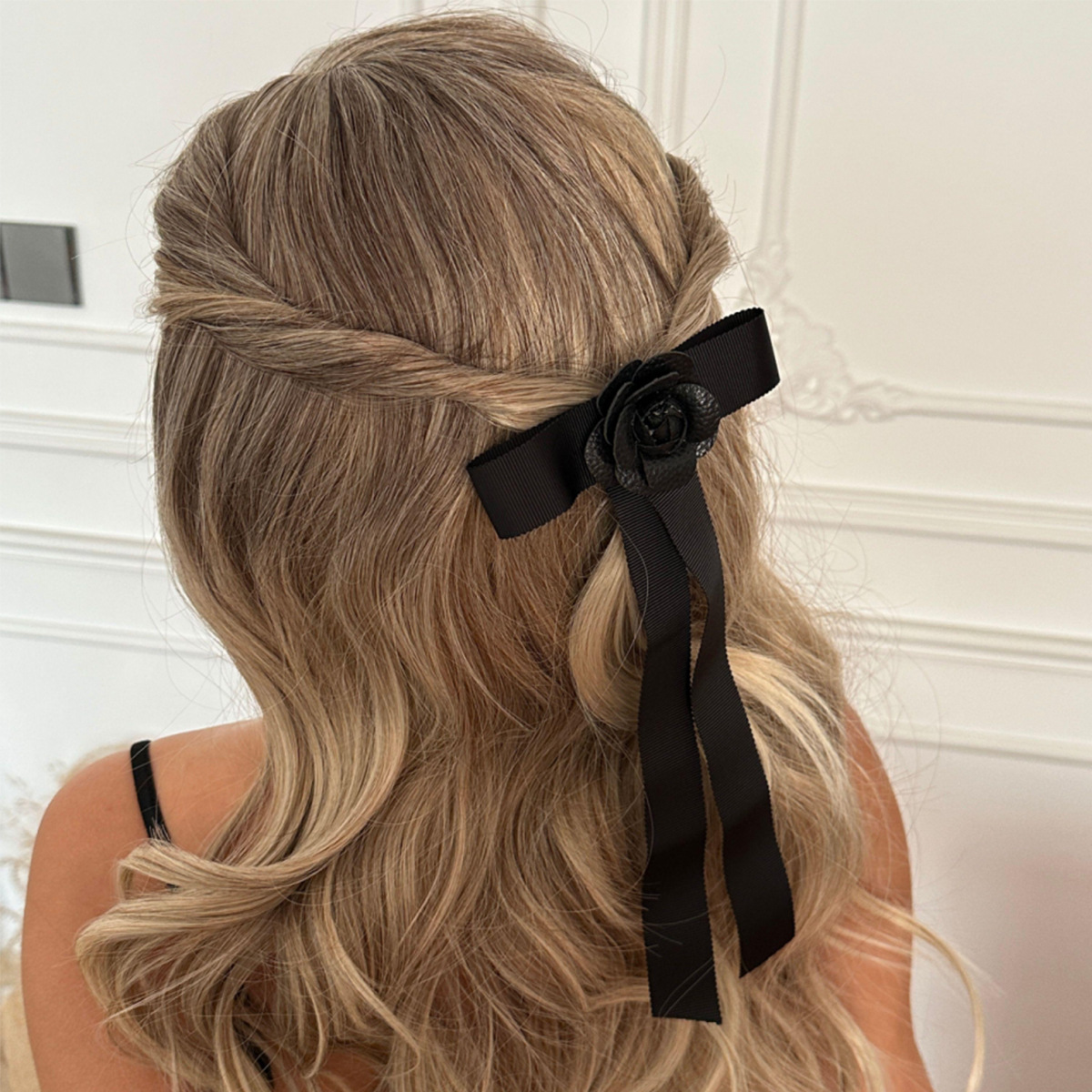 French Style Sweet Rose Bow knot Long Black Ribbon Hair Clip Minimalist Elegant Hairpin for Women