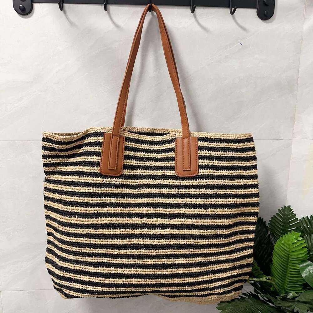 Straw Beach Tote French Style Simple Genuine Leather Shoulder Strap Raffia Woven For Women Beach Vacation Large Capacity Tote Bag Crossbody Bag