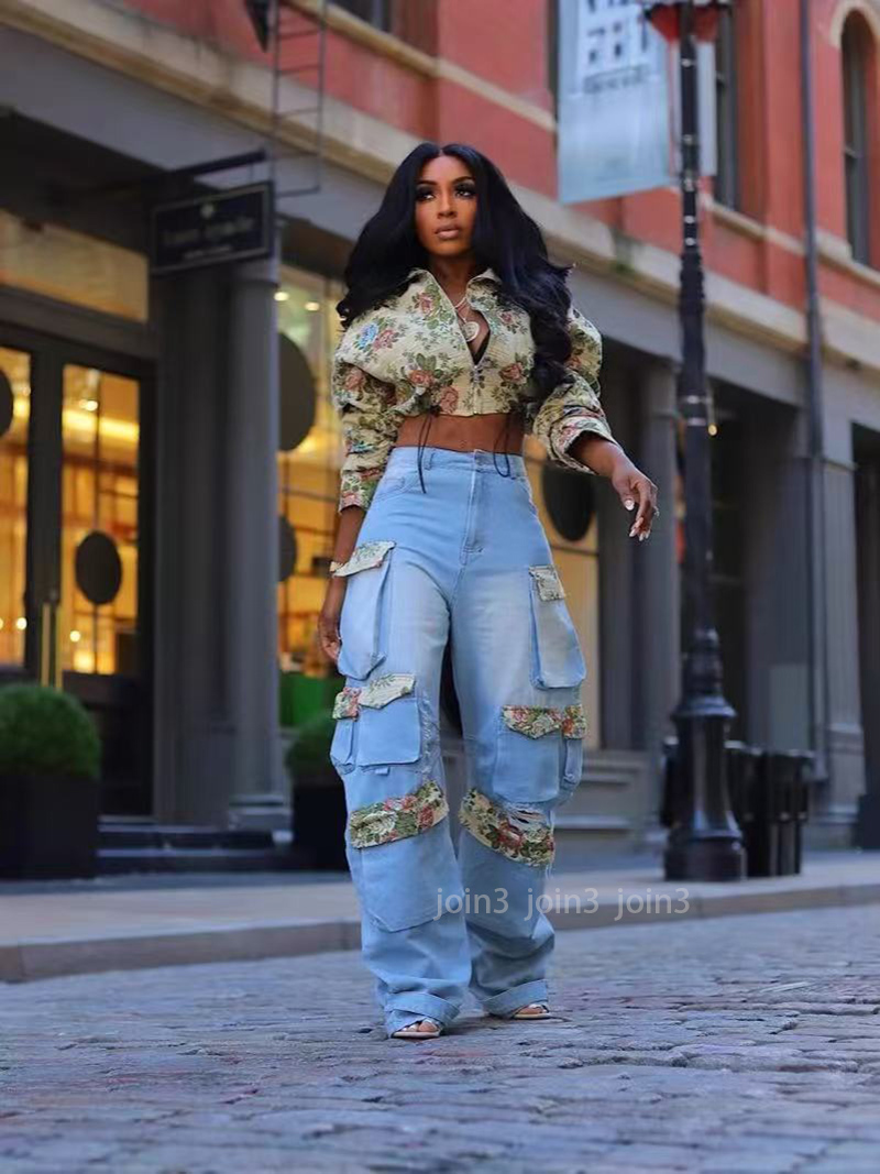 Denim Outfit Women Floral Patchwork Jean Zipper Drawstring Cropped Jacket Pockets Cargo Jeans 2 Piece Set Streetwear Tracksuits
