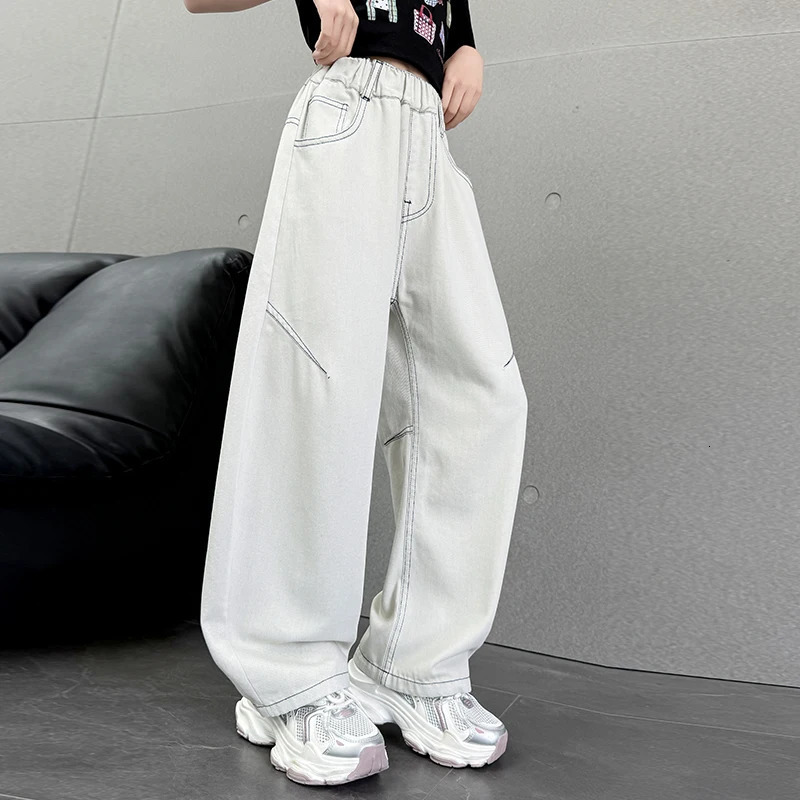 Kids Summer Thin Solid White Scimitar Jeans for Teens Girl High Fashion Streetwear Trousers Child Loose Fit Denim Pants 250527