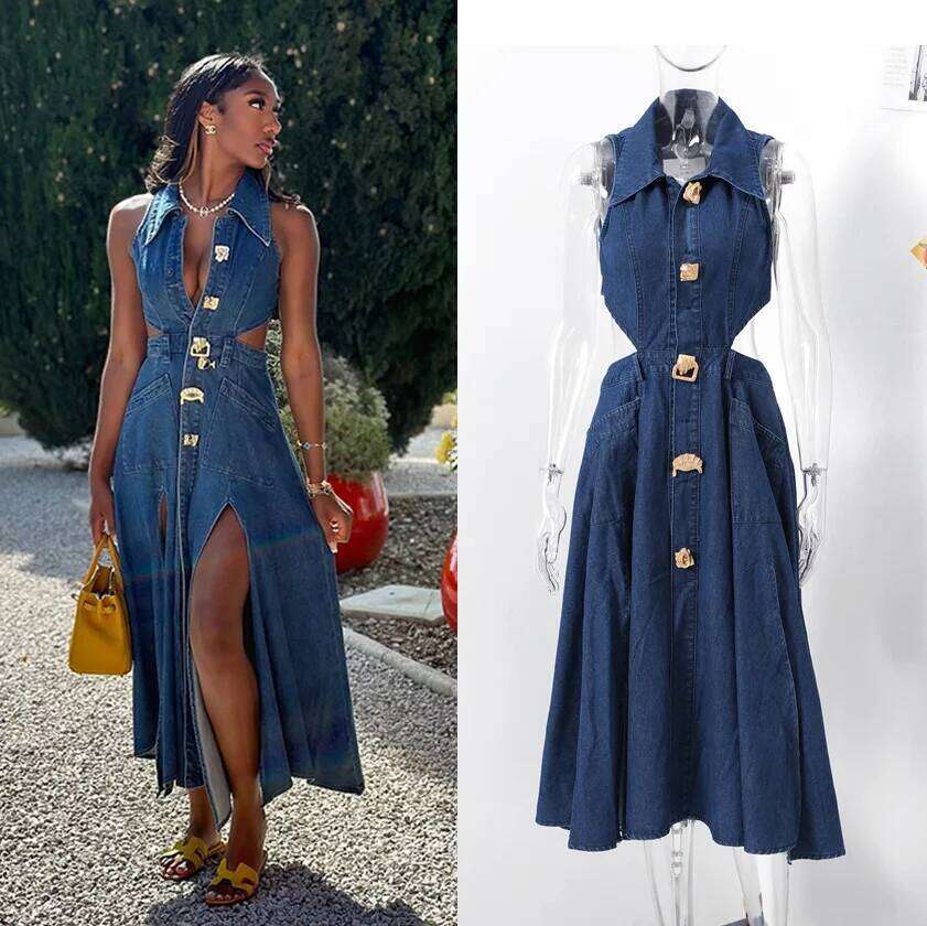 Denim Dress Women Long Dresses High Waist A Line Vestidos Turn Down Collar Sleeveless Elegant Y2k Streetwear Mom Jeans Slim 2025