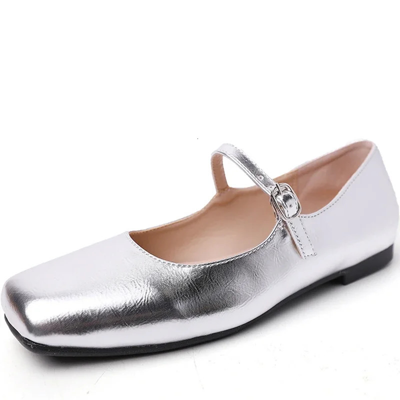 Silvery Women Square Toe Mary Jane Shoes Casual Outdoor Soft Sole Flat Spring Autumn Wedding Party Shoes 250528