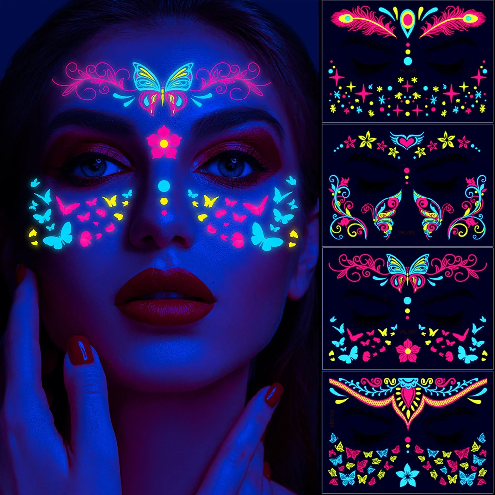 481224Pcs Fluorescent Face Stickers Flower Waterproof Glowing Temporary Tattoo Sticker For PartyMusic Festival Face Decals * 250530