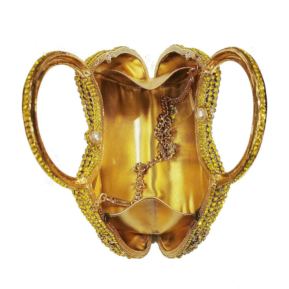 Designer Yellow Rhinestone Dia Evening Clutch Bag Gold Metal Handbags Crystal Long Chain Minaudiere Top-Handle Bags