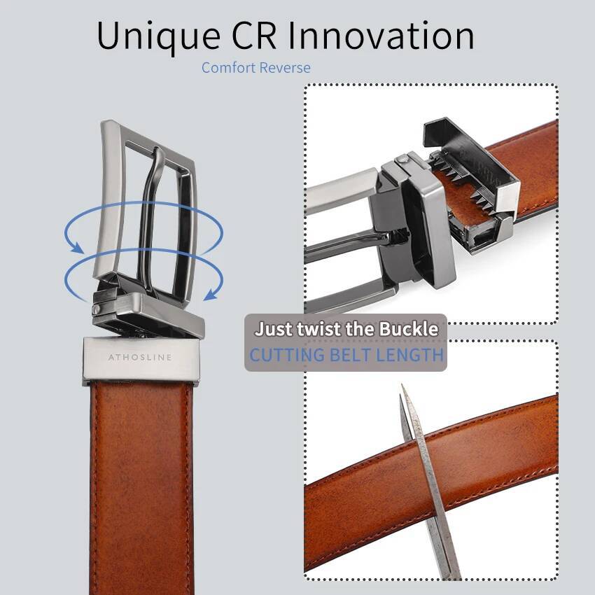 Athosline Genuine Leather Belt Reversible Buckle 1.5inch Width for Men