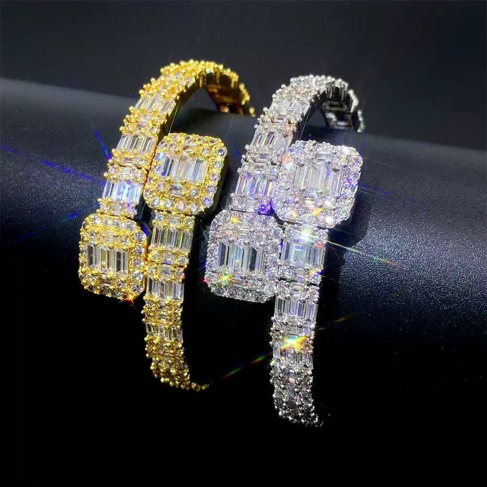 Iced Out Moissanite Bracelet Cuff Sterling Sier Baguette Moissnaite Bracelets