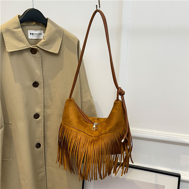 Free shipping designer bag 2024 New Leather Velvet Tassel Women's Trendy, Small and Stylish Texture, Single Shoulder Crossbody Bag