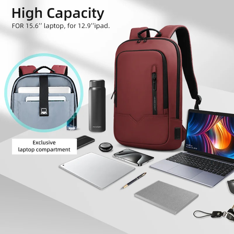 HK Business Slim Backpack For Men Water Resistant 15.6 inch Laptop Bag With USB Charger Light Weight Travel Bag for Work Office 250530