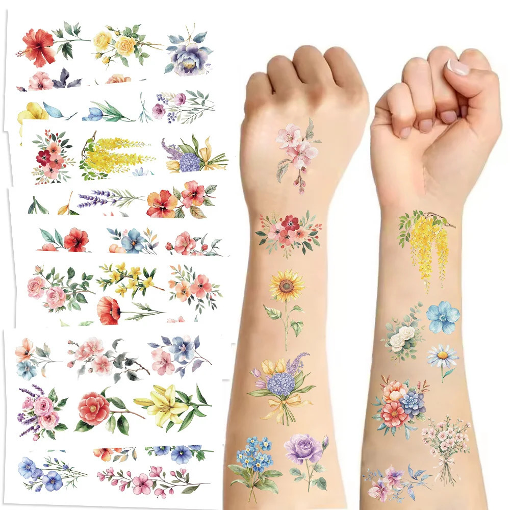 10 SheetsSet Watercolor Lavender Flower Temporary Tattoos For Body Art Arm Fake Flora Adults Tattoo Sticker Waterproof Tatoos 250530