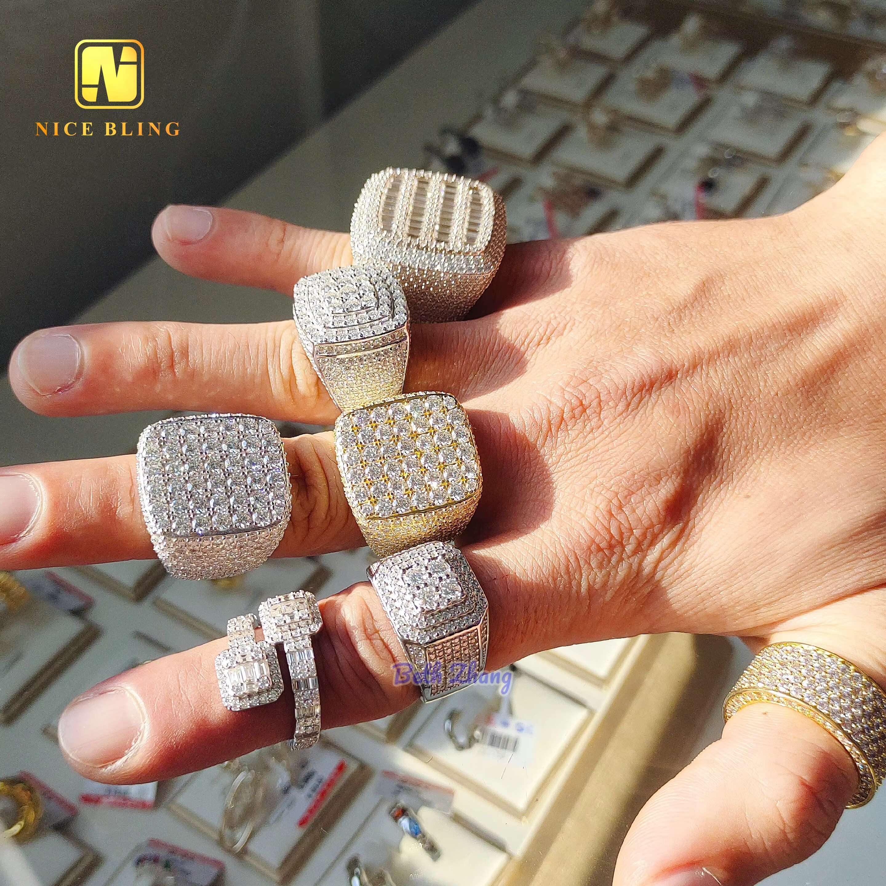 New Arrival Hip Hop Rings Vvs Moissanite Men Iced Out Rings 925 Silver square Shape baguette Diamond Engagement Fashion Rings